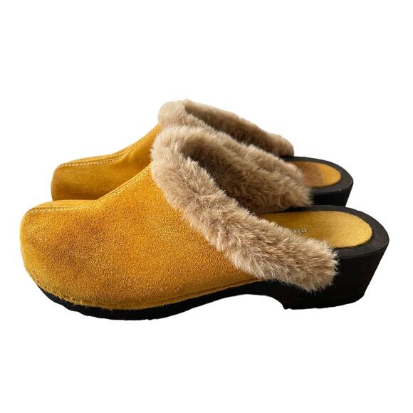 Anthropologie x Charles David 7 Shearling Clogs Suede Fur Slip On Shoes Yellow - Picture 8 of 9